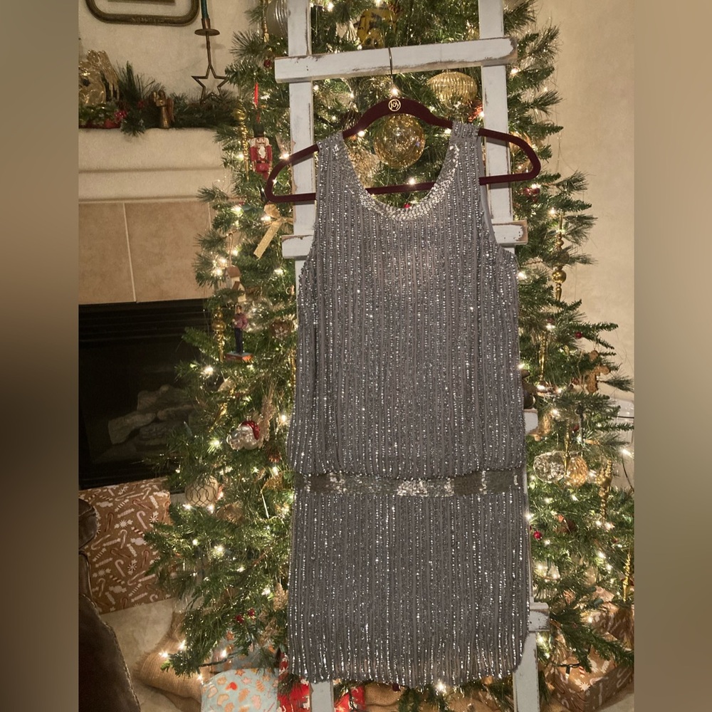 Adrianna Papell Silver Beaded Midi Dress